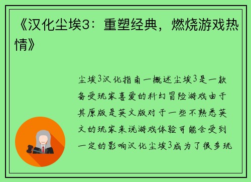 《汉化尘埃3：重塑经典，燃烧游戏热情》